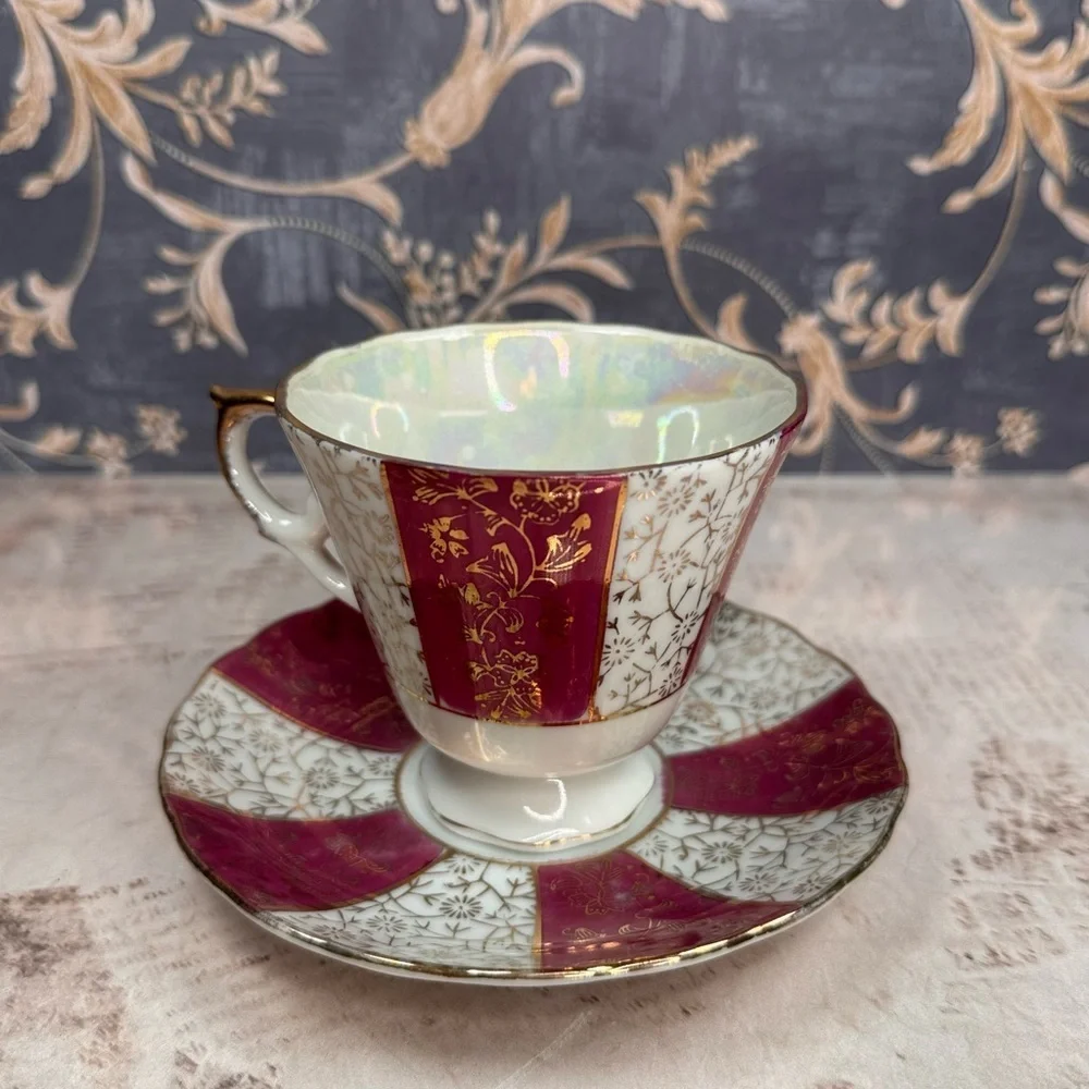 Vintage Napcoware Japan Lusterware Teacup Saucer Magenta Gold